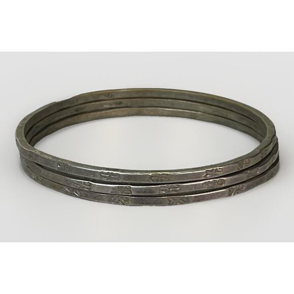 VTG Mexican Etched Metal Bangle Bracelets Trio- Alpaca Silver Ethnic Jewelry - Picture 2 of 10